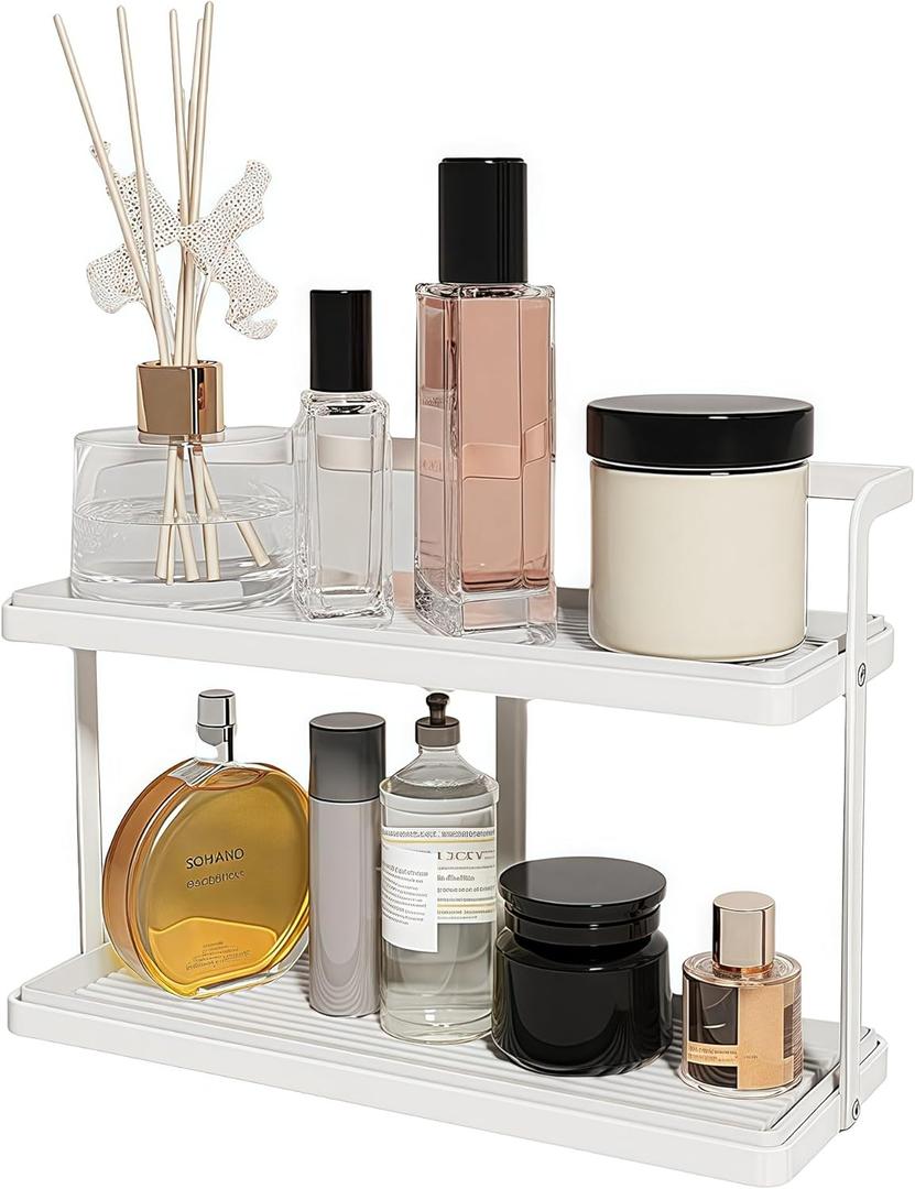 Bathroom Countertop Organizer for Small Spaces, 2-Tier Makeup Shelf with Vanity Tray, Tool-Less Installation Skincare & Perfume Organizer, Non-Slip Design for DresserWhite&Black (White)