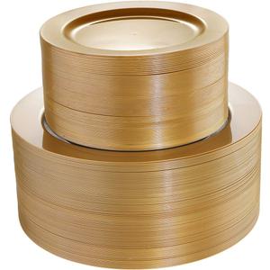 I00000 102 Pieces Solid Gold Disposable Plates, Gold Plastic Plates Premium Plastic Party Plates Includes: 51 Dinner Plate 10.25 Inch and 51 Salad/Dessert Plate 7.5 Inch for Wedding & Party