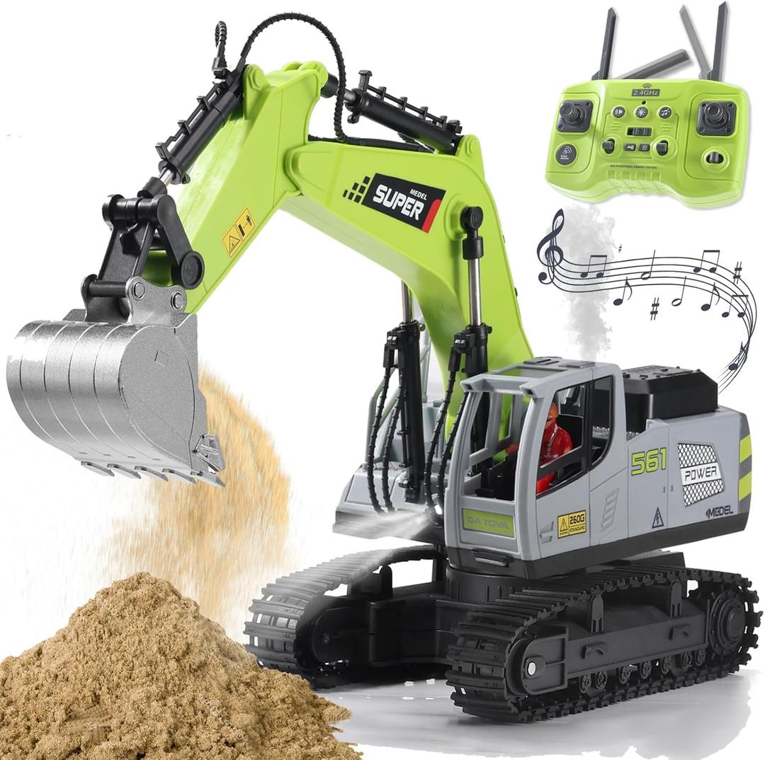 Remote Control Excavator Toys for Boys,16 Channel Dual Speed Control RC Excavator Construction Toys with Metal Shovel & Light,Simulated Smoke,Christmas Birthday Gift Toy for Boys Kids (Green)