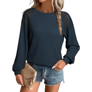 EVALESS Womens Long Sleeve Tops Dressy Casual Crewneck Waffle Lace Patchwork Knit T Shirts Blouses Fall Fashion 2025 (Blue, M)
