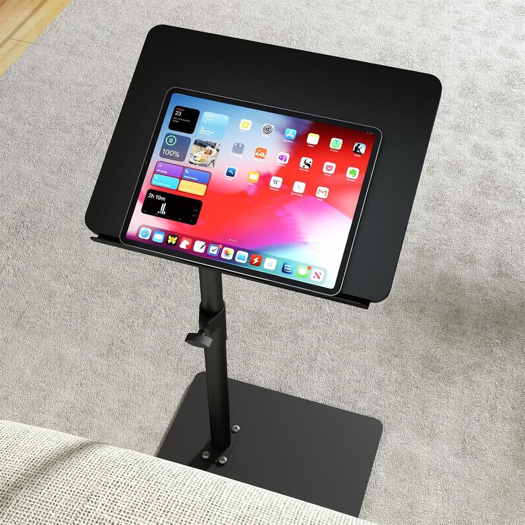 YUHFERA Sofa Armrest Tray Table for Couch - 360 Swivel Height Adjustable C-Shaped End Table for Small Spaces, Snack Side Table for Bed or Chair with Phone & Tablet Slot, Black, Enlarged