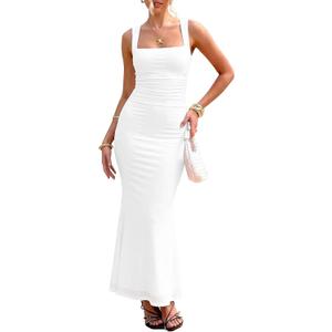 BORIFLORS Women's Ruched Bodycon Maxi Dress Mesh Sleeveless Square Neck Formal Beach Wedding Guest Cocktail Long Dresses, X-Small, White