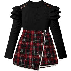 Girls Clothes Skirt Set Fall Winter Long Sleeve Ruffle Top And Plaid Skirt Girls Clothing Set 2 Piece Outfit (11-12 Years, Black+red)