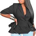 Vakkest Women's Camo Blazer Jacket Long Sleeve Casual Ruffle Hem Lapel Neck Double Breasted Tiered Peplum Blouse Tops M