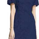 Women's Lace Floral V-Neck Dress with Puff Sleeves and Back Zipper, Elegant and Romantic Design (Medium)