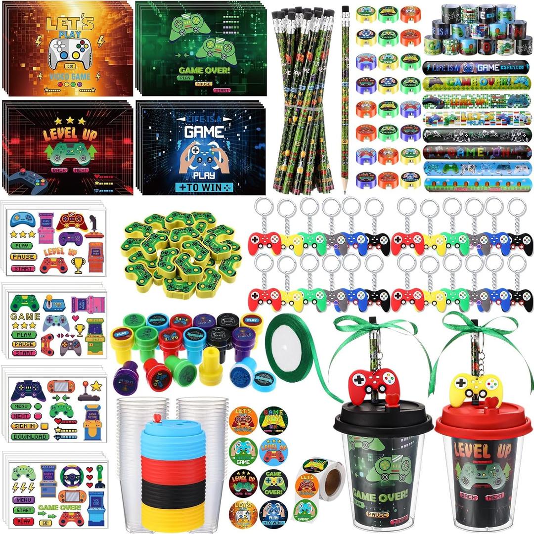 Video Game Party Favors Set Includes Drink Cup with Lid Game Card Pencil Sharpener Eraser Stickers Slap Bracelet Keychain Stamp Sticker Ribbon for Gamer Birthday Party