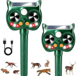 2Pack Upgraded Deer Repellent Devices Solar Ultrasonic Animal Repellent Outdoor with Motion Sensor Strobe Light for Squirrel Raccoon Rabbit Cat Bird Volume Control Keep Pests Out of Yard Farm