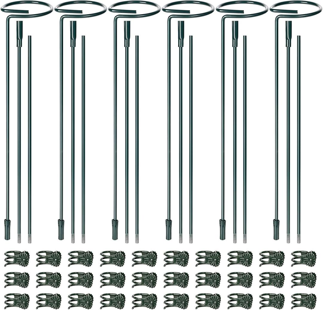 Mwellewm 6 Sets Plant Stakes 12/25/36 Inch Adjustable Plant Support Stakes Tall for Indoor Outdoor Plant Holder Stick Steel Garden Stem Pole Amaryllis Stakes with 30 Clip for Tomato Orchid Lily Flower (Dark Green)