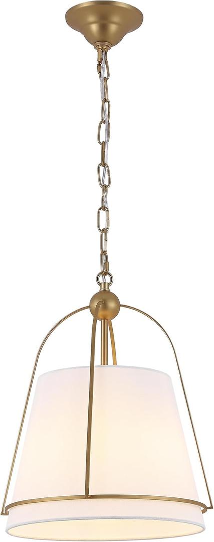 BYOLIIMA Modern Cone Pendant Light Fixture with 13.8" White Linen Fabric Drum Shade 3-Lights Gold Brass Chandelier Vintage Adjustable Hanging Light Fixture Kitchen Island Bedroom Dining Room Foyer