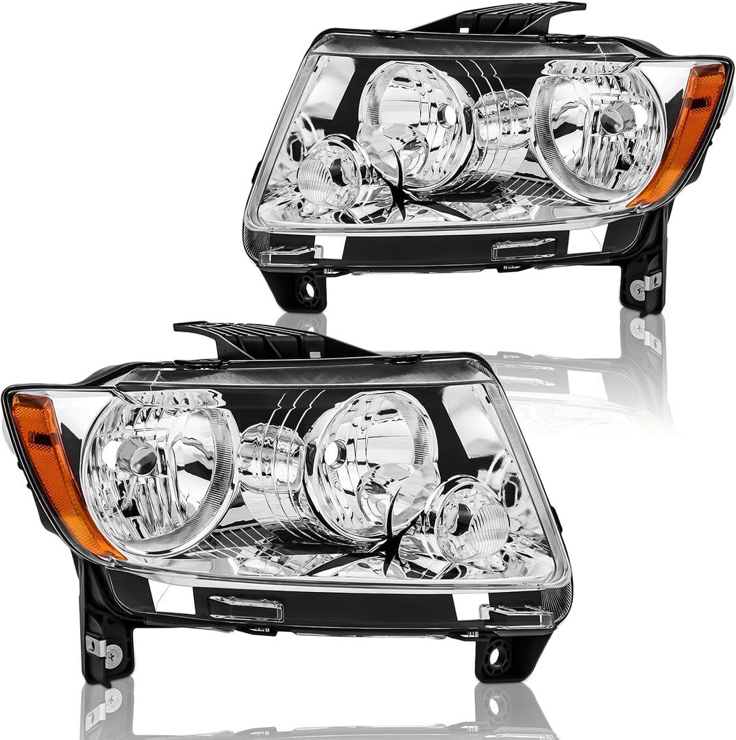 Headlights Assembly Pair for 2011 2012 2013 Jeep Grand Cherokee & 2011-2017 Jeep Compass Halogen Headlamps Head Lights Replacement Left Driver and Right Passenger Side,Chrome Housing Amber Reflector