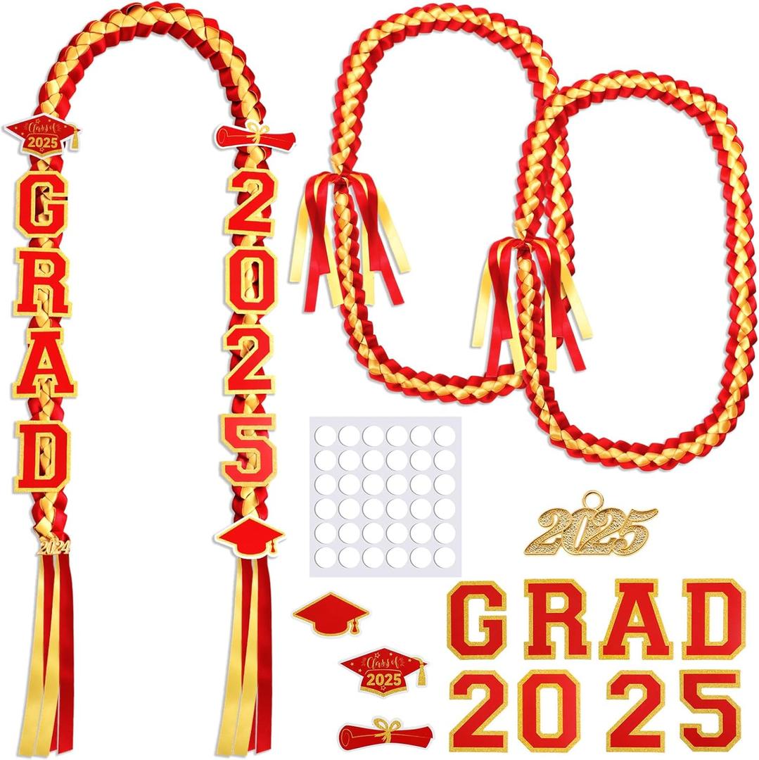 Yinkin Graduation Ribbon Leis Set Class of 2025 Handmade Double Braided Necklace Adjustable Includes Silk Leis Grad Cutouts 2025 Pendant for Graduation Party Accessories(Red, Gold)