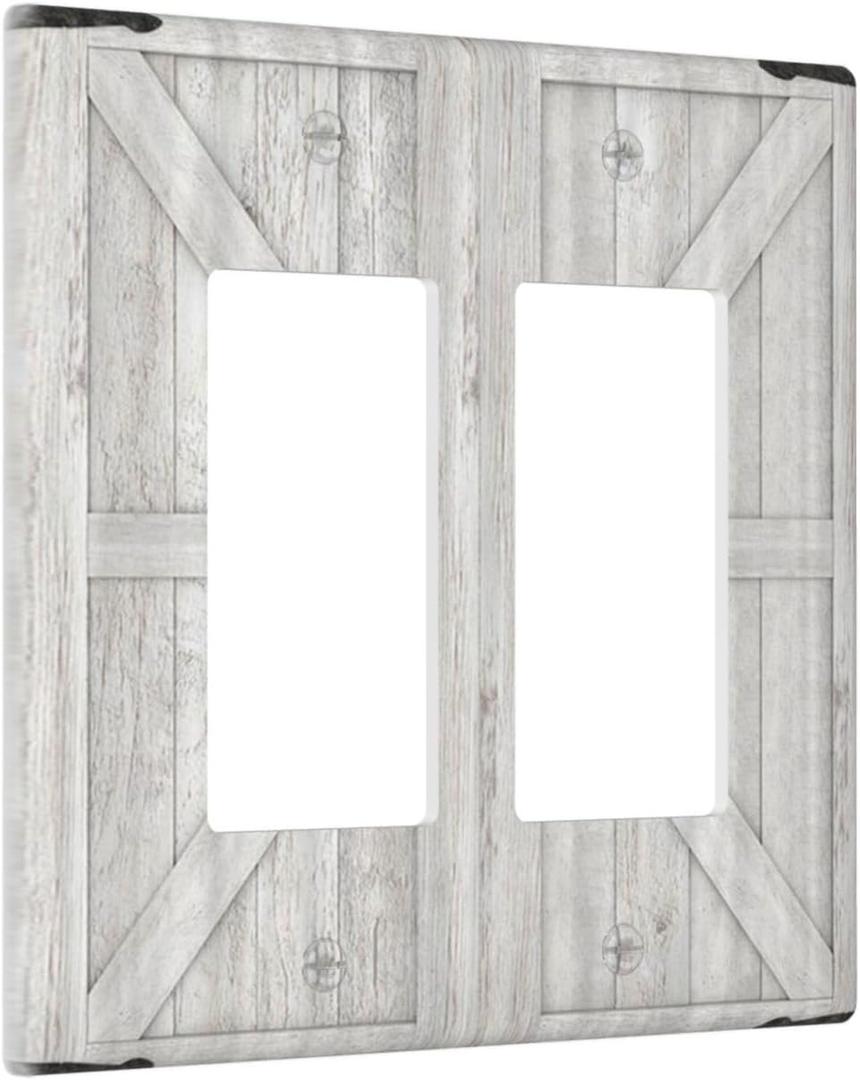 Decorative Outlet Covers Rustic Wooden White Barn Doors 2 Gang Wall Plate Double Rocker Decora Light Switch Cover Plate Jumbo Dual Electrical GFCI Switch Plate Cover for Farmhouse Decor (2-Gang Rocker /4.6 x 4.5 IN)