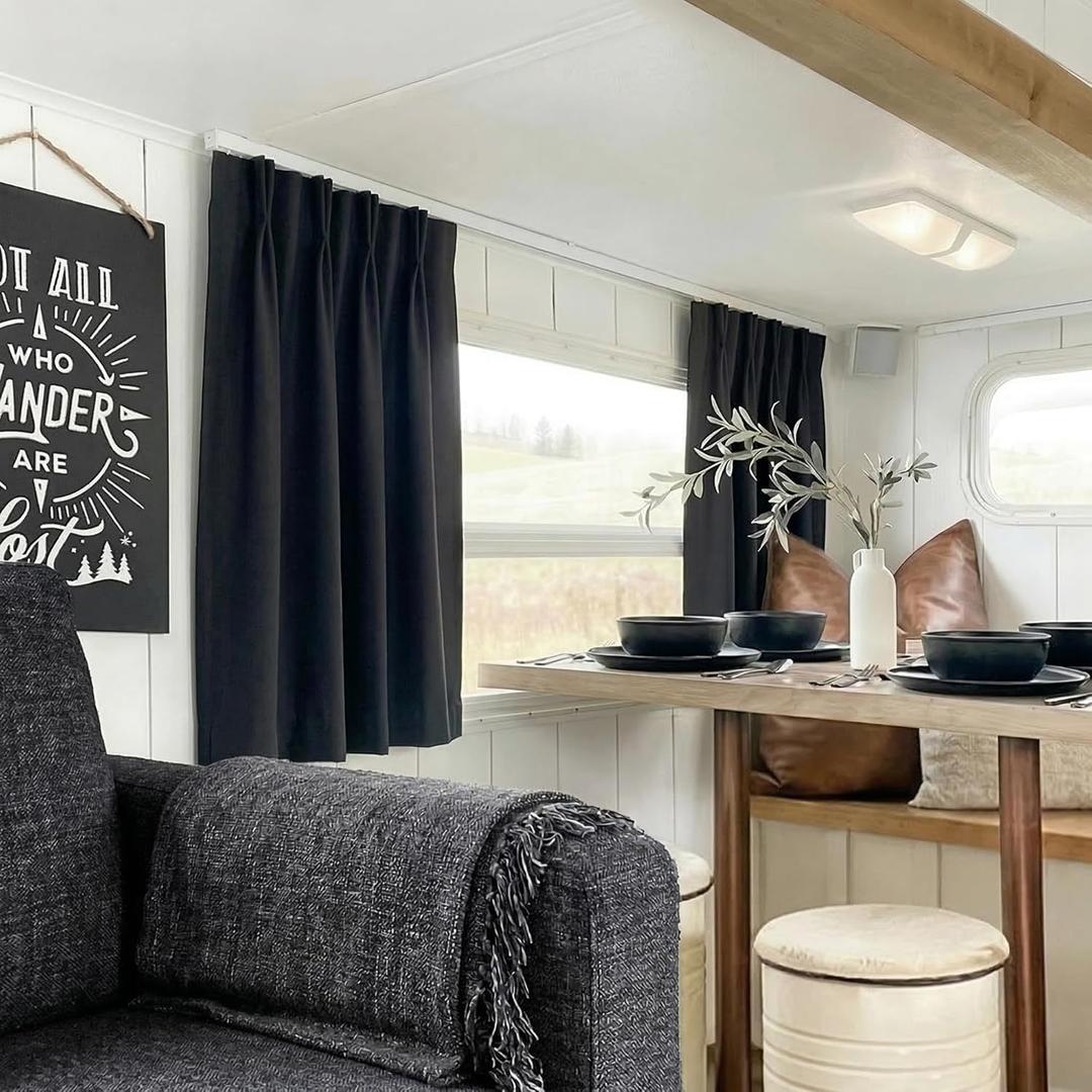 Lino Rosa 30 Inch Length Custom Curtains for Small Windows,Pinch Pleated Cafe Blackout RV Blinds for Travel Trailers Front Window,Black