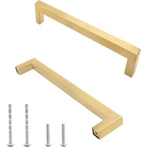 5 Pack Brushed Gold Cabinet Pulls Square Dresser Handles, 5 Inch / 128mm Hole to Hole Cabinet Handles Stainless Steel Cabinet Hardware, Kitchen Drawer Pulls for Cupboard Wardrobe Vanity