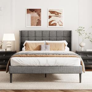 Queen Size Bed Frame with Wingback Headboard, Linen Upholstered Platform Bed Frame with Button Tufted Headboard, Wooden Slats Support, No Box Spring Needed, Easy Assembly, Dark Grey