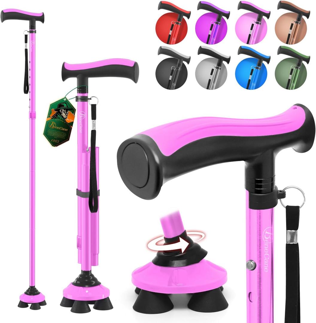 BeneCane Walking Cane for Men & Women Walking Stick for Seniors Folding Canes Quad Cane Adjustable Lightweight Sturdy Collapsible Heavy Duty with Soft TPR T-Handle and Travel Bag (Pink)