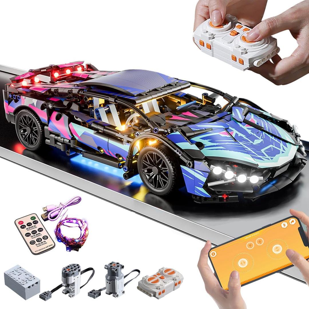 Sport Car Building Block Sets for Adults, Technical Remote Control APP Race Car with LED Lights,Collectible 1:14 Model Scale Engineering Toy Men Teens Boys Birthday Gift Age 8+ 8-12 12 13 14