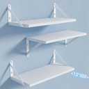 COCOYA Wall Shelves 7.3" Deep Set of 3, Solid Paulownia Wood Wider Longer Sturdy Easy to Install Wall Mounted Bookshelves Storage Shelves Bathroom Storage Office Laundry Room Bedroom Organizer White