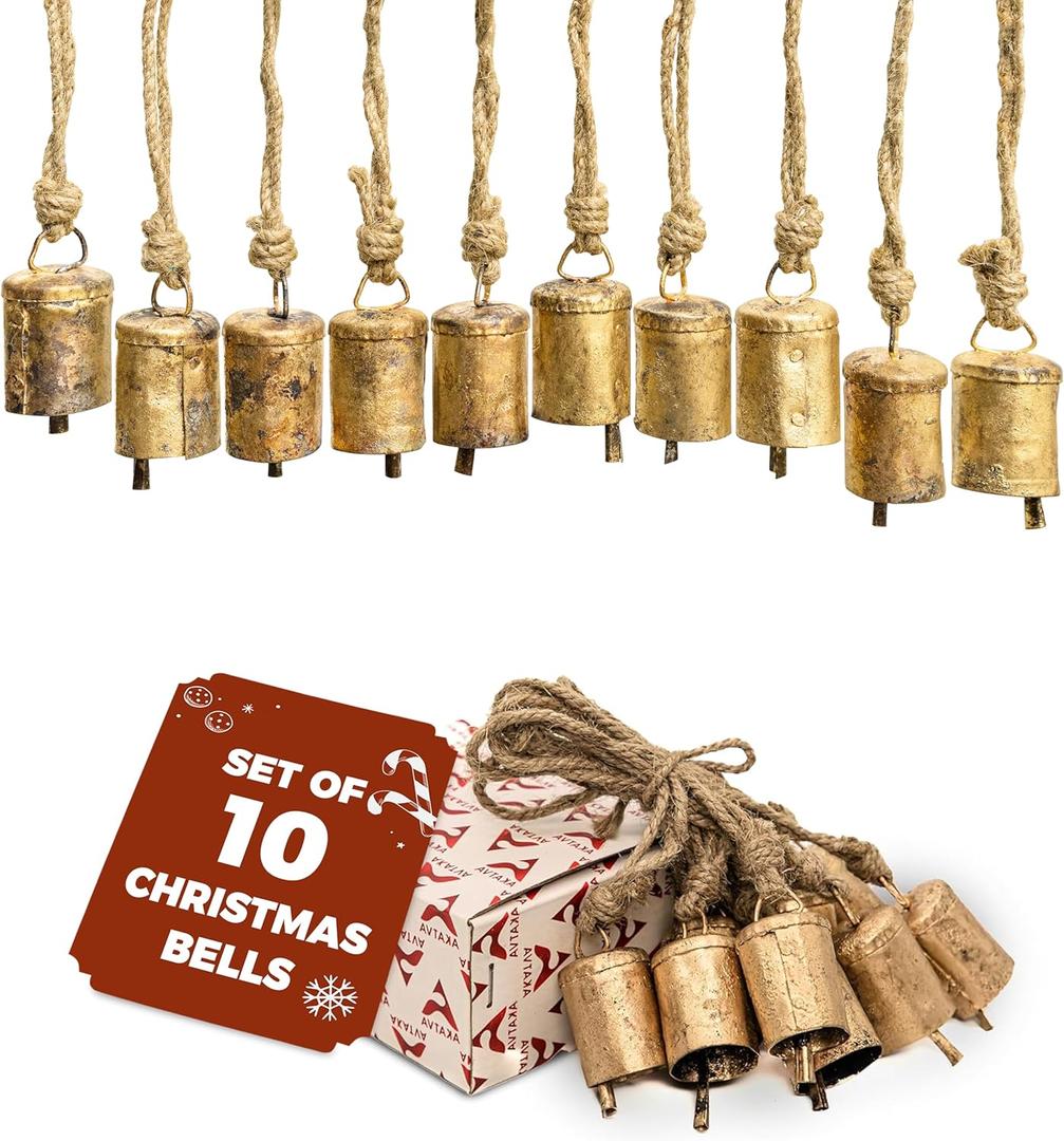 AKATVA Gold Christmas Ornaments Set  Vintage Decor for Tree  Gold Bells  Christmas Tree Ornaments for Holiday Season  Rustic Bells Hanging Ornaments  Set of 10 Pieces (10 pcs Round Shape 2 inches)