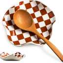 Kitchen Spoon Rest for Stove Top, Checkered Coffee Spoon Rest, Ceramic Spoon Holder for Kitchen Counter Cooking Utensil Rest, Modern Farmhouse DCor (Brown-White)