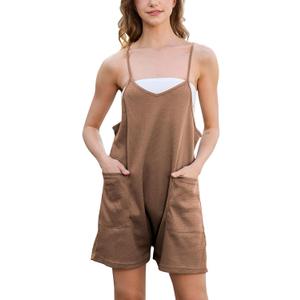 Rompers for Women Summer Casual Waffle Knit Sleeveless Romper Spaghetti Strap Shorts Overalls Jumpsuit with Pockets (Medium, Khaki)
