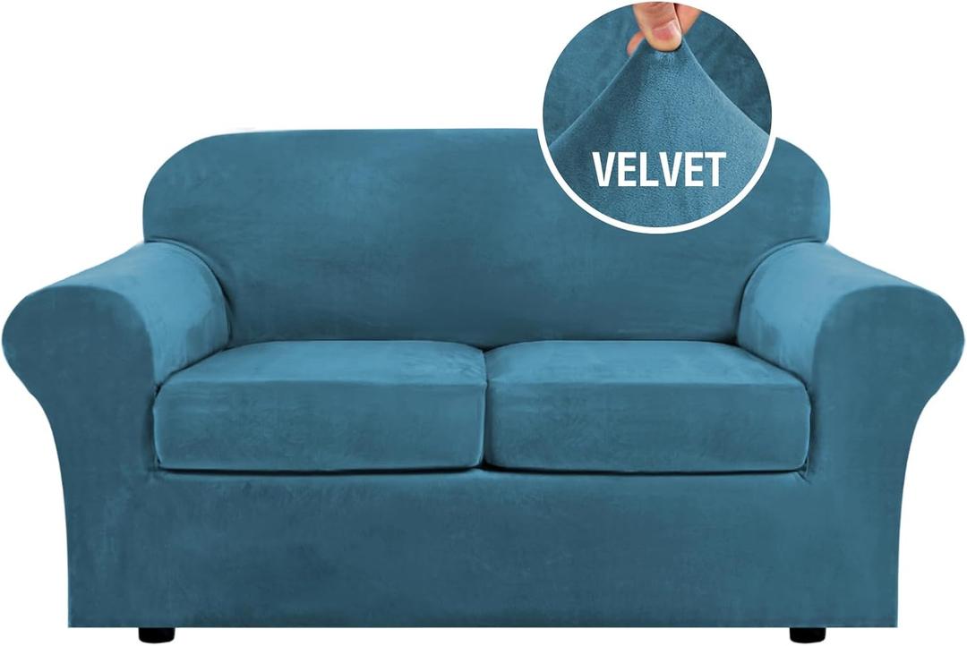 H.VERSAILTEX Real Velvet Plush 3 Piece Stretch Sofa Covers Couch Covers for 2 Cushion Couch Loveseat Covers Width Up to 72 Inch Thick Soft Stay in Place (Medium Sofa, Peacock Blue)