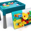 Double Sided Kids Activity Table with Storage, All-in-1 Multi Activity Table, 105pcs Marble Run Building Blocks Compatible with Classic Bricks, Craft Play Sand Water Table for Toddler
