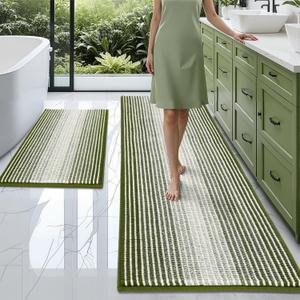 BSICPRO Bathroom Rugs and Mats Sets, 2 Piece Thick Absorbent Chenille Bath Mat Rug Set Non Slip, Soft Shaggy Bath Room Floor Mats for Bathroom, Machine Washable (Sage, 24" x 70" Plus 20" x 32")