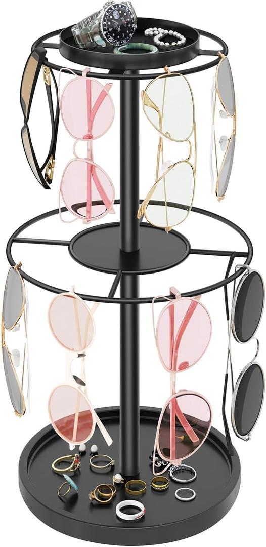 LSK 2 Tier Metal Sunglasses Organzier, Glasses Holder Stand with Storage Trays, Sunglasses Organizer Storage with Anti-Slip Pads for Tabletop, Desk, Dresser, Black
