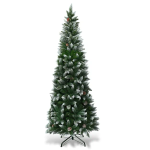 7.5ft Snow Flocked Pencil Christmas Tree Hinged Pine Cones