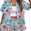 Hawaiian Shirt Woman 60s 70s Outfit Retro Disco Hippie Party Shirts Floral Button Up Short Sleeve Tops (XL)