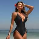 WODECASA Sexy One Piece Swimsuit for Women Deep V Neck High Cut Bathing Suit Drawstring Ruched Tummy Control Monokini (Black, M)
