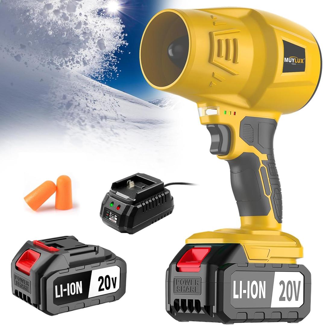4.0Ah Cordless Snow Blower, Electric Cordless Leaf Blower with Battery and Charger, 20V Lightweight Battery Powered Air Blowers for Lawn, Patio, Car Dryer Snow Blower Turbo Fan (1 Battery Yellow)