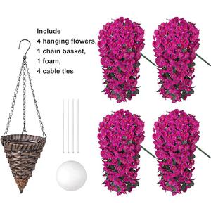 HyeFlora Artificial Fake Hanging Flowers Plants Baskets for Outdoor Outside Decoration, Faux Silk UV Resistant Realistic Fuchsia Morning Glory Planter for Home Porch Patio Balcony Garden Yard