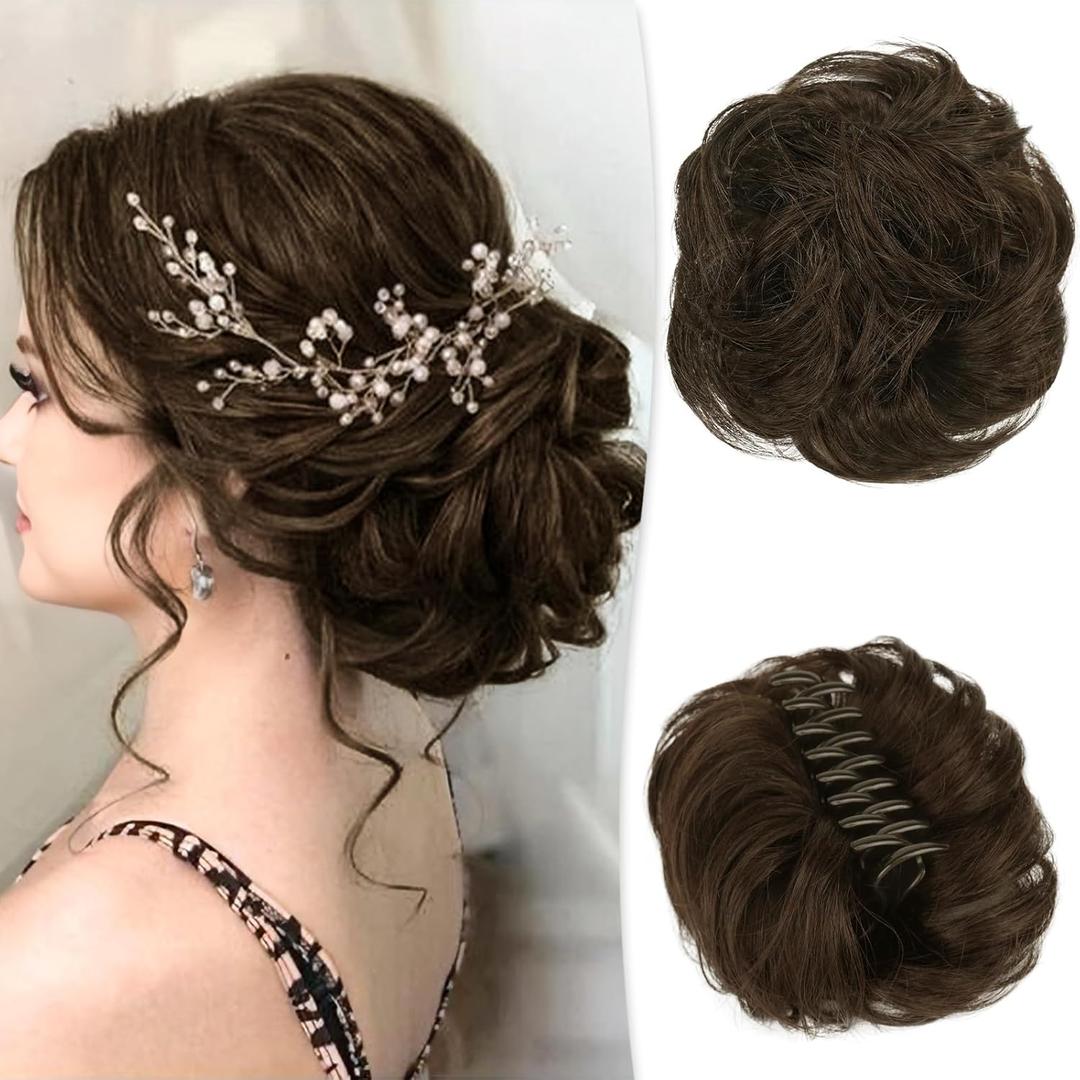 RUWISS Claw Clip Messy Bun Hair Piece Real Human Hair Buns Wavy Curly Chignon Hair Bun Extensions Tousled Updo Hair Buns Claw Clip Ponytail Hairpieces (Brown 2#L) (40g)