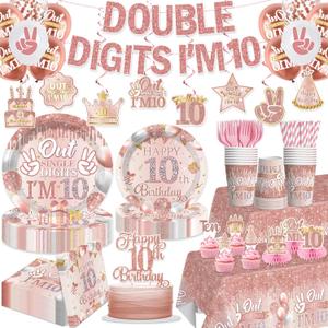 197pcs 10th Birthday Decorations for Girl, Double Digits Birthday Girl Serves 25, 10 Year Old Birthday Decorations Thick Plates Banner Tablecloths and Cake Topper with Cupcake Toppers