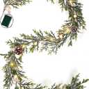 6FT Snow Cedar Pine Garland,Prelit Christmas Garland with Timer,Realistic Garlands Battery Operated for Winter Holiday Outdoor Staircase Decorations 20LED