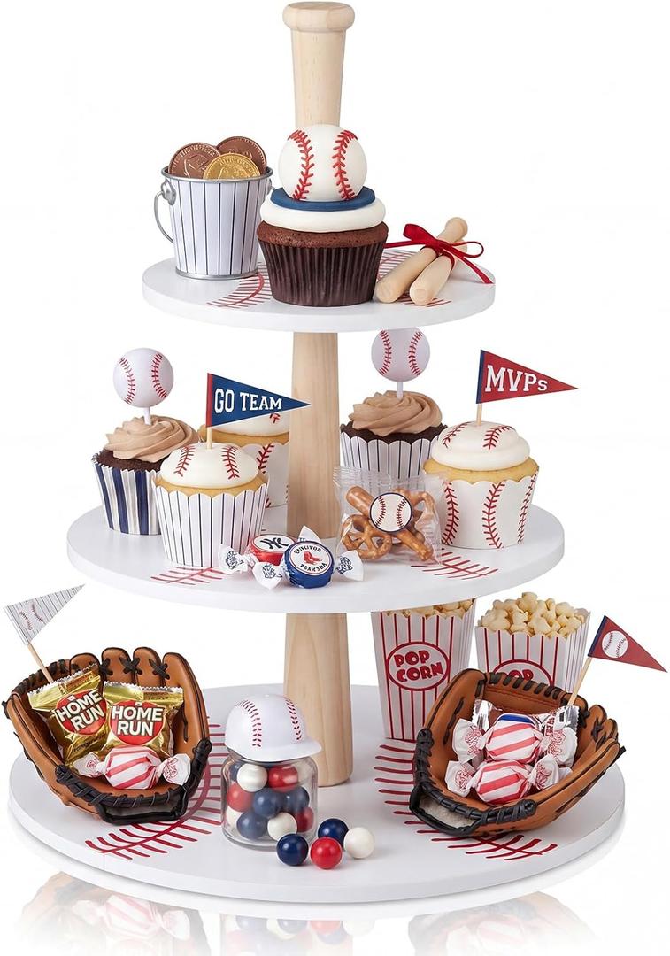 Domensi 1 Pcs 3 Tier Baseball Serving Tray Wooden Baseball Cupcake Stand Displays Plate Board Reusable Cupcake Serving Tower Holder Decoration for Sport Theme Game Tailgate Birthday Party Supplies