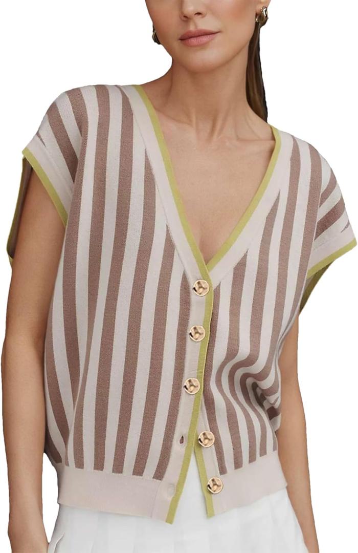 HangNiFang Womens Summer Striped Knit Cardigan Vest V Neck Cap Sleeve Golden Button Sweater Tops (X-Large, Khaki)