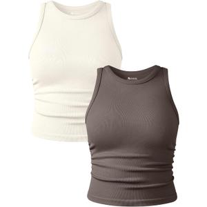 OQQ Women's 2 Piece Tank Tops Crew Neck Sleeveless Basic Stretch Casusal Yoga Crop Camis (Tea Leaf,beige) S