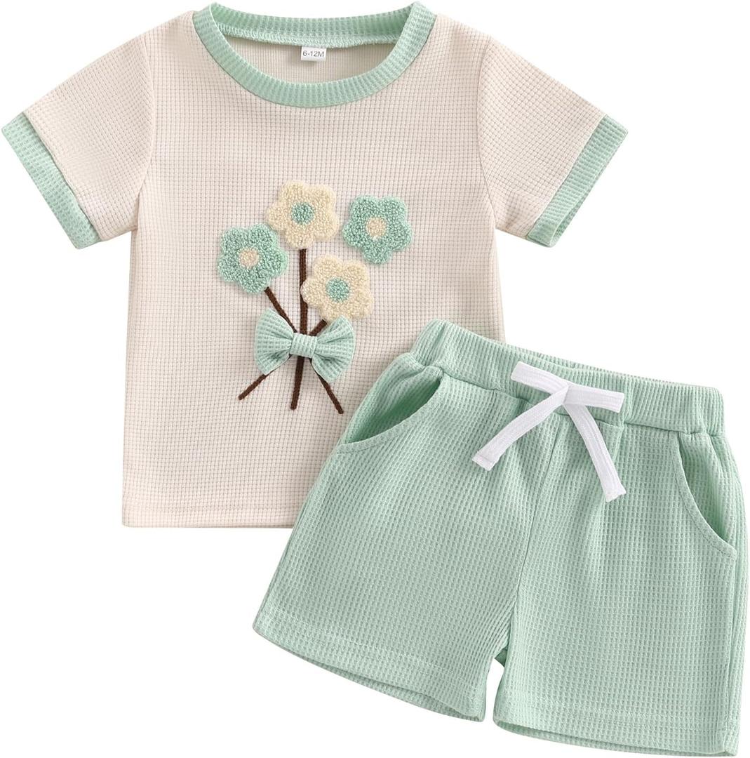 Toddler Baby Girls Summer Outfits Cute Daisy Ruffle Ribbed Short Sleeve T-Shirts Tops Floral Shorts 2Pcs Sets (White) 6-12M