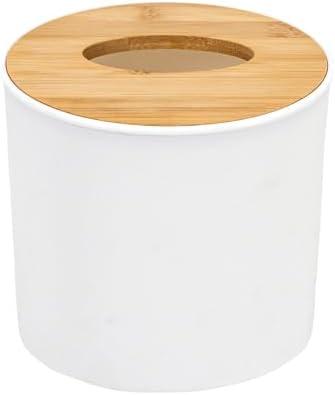 Bamboo Lid Round Tissue Holder Box 5x5'' – Decorative Toilet Paper Roll Dispenser & Dryer Sheet Case – Space-Saving Wood Organizer for Bathroom - for Paper Rolls Under 5 inches only