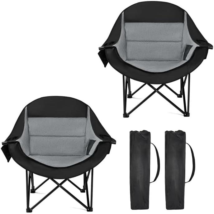 Oversized Camping Chairs for Adult - Heavy Duty Padded Portable Folding Chair XL Collapsible Camp Chair with Cup Holder Side Pocket for Outdoor Lawn Beach Sport Fishing Support 500LBS, Grey 2 Pack