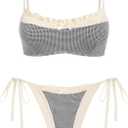 ZAFUL Bikini Sets for Women Plaid Ruffles Trim Swimsuit Sexy Tie Back Bowknot Triangle High Cut Tie Side Thong Bathing Suit (Beige, S)