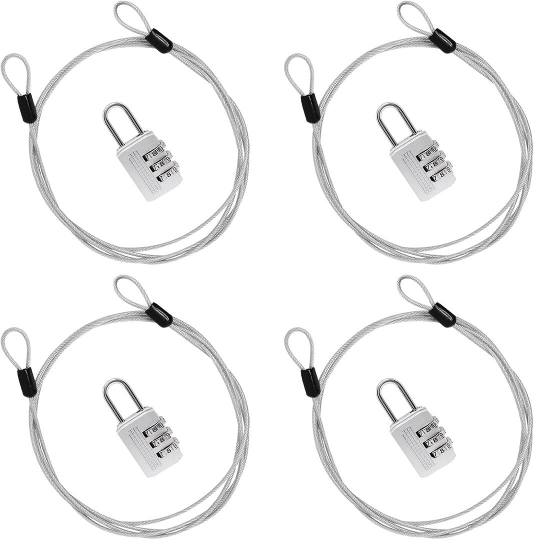 Cable Lock Double Loops 5Ft Long Silver Security Cable with Lock, Bike Locks Cables 2.5mm Braided Steel Coated Safety Cables Wire for Luggage, Outdoor, Clothesline (4 Pack)
