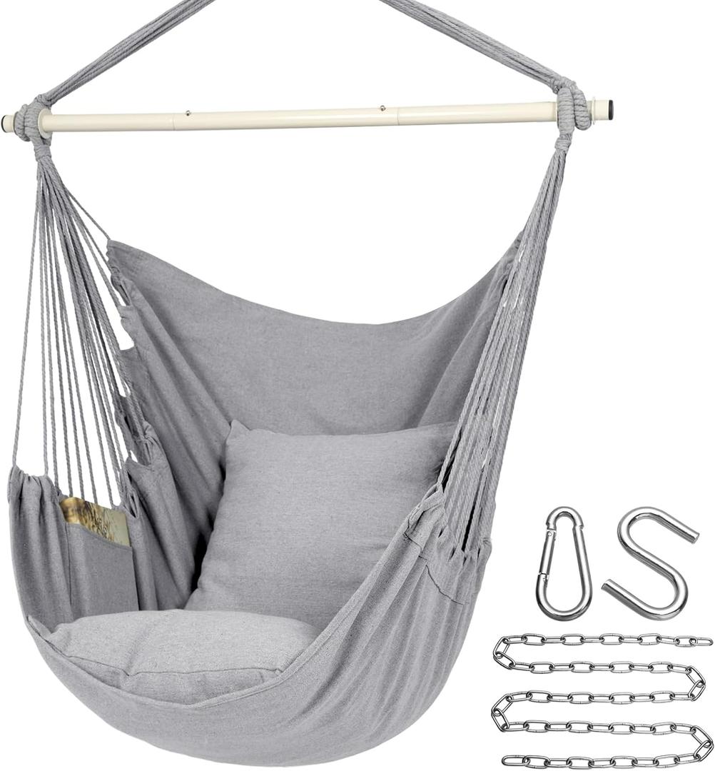 Y- Stop Hammock Chair Hanging Rope Swing Chair, Max 500 Lbs, 2 Seat Cushions Included, Removable Steel Spreader Bar with Anti-Slip Rings, Hardware kit-for Indoor or Outdoor(Light Grey)