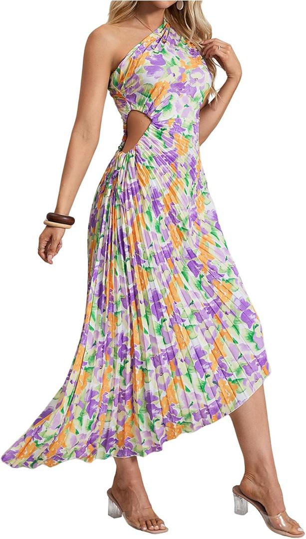 MakeMeChic Women's Casual Striped Cut Out One Shoulder Sleeveless High Waist Summer A Line Maxi Dresses Purple Large