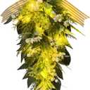 Svndlyn Lighted Artificial Spring Summer Teardrop Swag 25 Inch Eucalyptus and Magnolia Wreath with White Berries, Gypsophila & Farmhouse Striped Bow Floral Arrangement for Door Wall Mantel Window