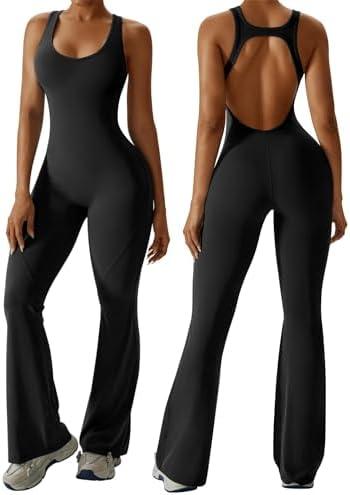 OEAK Womens Flare Jumpsuit with Bra Tummy Control Cutout Romper Workout Outfit Sleeveless Unitard One Piece Backless Bodysuit, size Medium