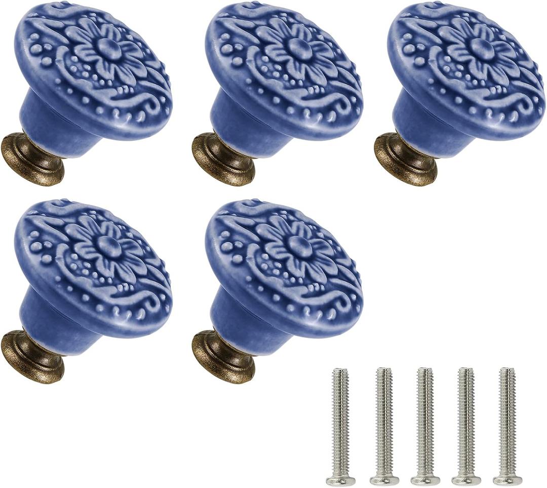 Greyish Blue Ceramic Knobs 5 Pack Flower Drawer Pulls Vintage Cabinet Knobs - Antique Dresser Pulls with Screws for Closet Drawer Cupboard Cabinet and DIY Home Project